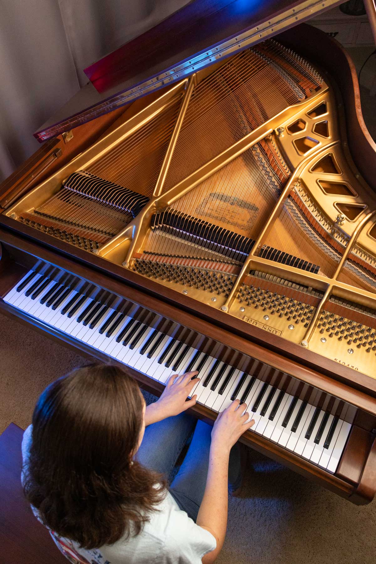 overhead view of a girl playing a grand piano