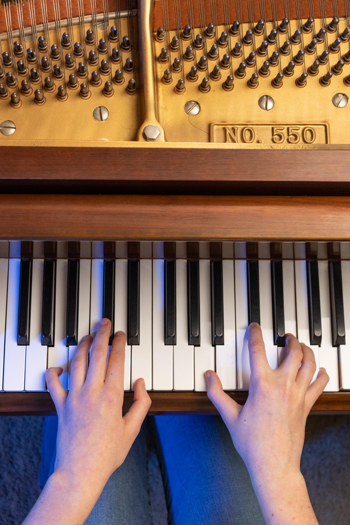 overhead view of a girl's hands on the piano